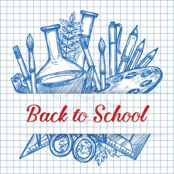 Back to School ink pen sketch poster of education stationery supplies book, pencil or ruler and computer or paint brush on copybook page checkered pattern background. Vector Back to School design