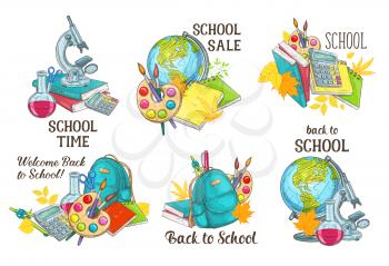 Back to School icons of lessons stationery and school time supplies. Vector set of paint palette, brush or math ruler and chemistry book with September autumn maple and rowan or oak leaf sketch design
