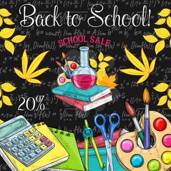 Back to school sale poster of school supplies and office stationery discount offer template. Student book, pencil and paint, calculator and scissors sketch banner on chalkboard with autumn leaves