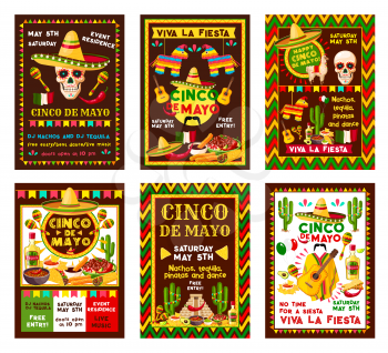 Cinco de Mayo mexican fiesta party banner set for Puebla battle victory celebration. Sombrero, pepper and maracas, chili, jalapeno and guacamole with nachos and tequila, cactus, guitar and Mexico flag