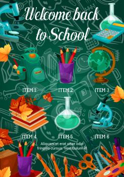 Welcome Back to School poster of school bag or lesson stationery pattern on green chalkboard. Vector book or notebook and mathematics calculator, globe or pen and pencil or September autumn maple leaf