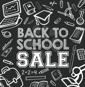 Back to School sale blackboard poster for September autumn seasonal education promo offer. Vector school bag, books or paint brush and microscope, chemistry copybook or ruler and globe on chalkboard