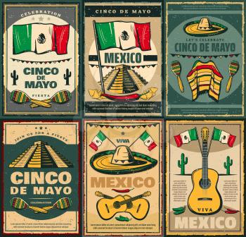 Cinco de Mayo mexican holiday and Viva Mexico festive poster. Latin American fiesta party sombrero, maracas and guitar, chili pepper, jalapeno and mexican flag, cactus and aztec pyramid retro banner