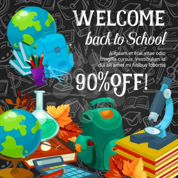 Big sale banner of back to school season promotion template. Pencil, book, pen and ruler, globe, backpack and calculator, microscope and blackboard for special offer poster or discount card design