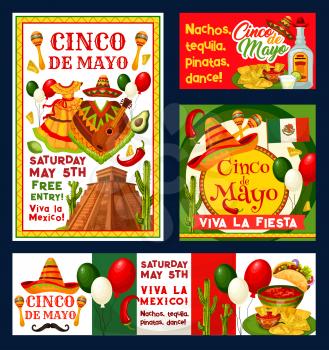Cinco de Mayo Mexican holiday fiesta invitation cards for free entry to party celebration. Vector Cinco de Mayo flyers of Mexican flag on balloons, jalapeno pepper or avocado and sombrero on cactus
