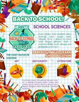 Back to School poster of school science and education stationery or lessons. Vector school bag, literature book or notebook and mathematics formula on calculator, pen or pencil and autumn maple leaf