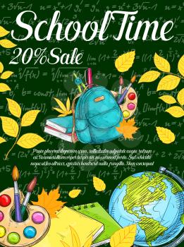 Back to school season sale banner on chalkboard. School supplies and student item sketch poster with pencil, book and paint palette, globe and backpack with discount offer layout for shopping design