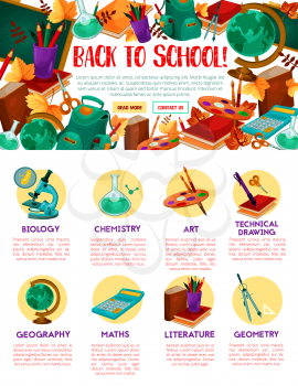 Back to School web site or page template of stationery book, pencil or ruler and geography globe map or paint brush. Vector school bag, mathematics calculator and literature pen, maple and oak leaf