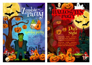 Halloween zombie party invitation poster for october holiday celebration. Autumn pumpkin, ghost and bat, spooky house, skeleton and moon, skull, zombie hand and creepy cemetery for promo banner design