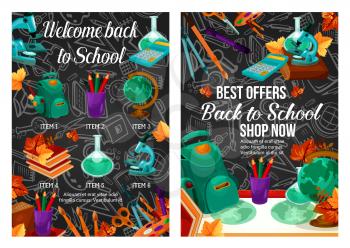 Back to School sale seasonal promo offer posters template for September school store discount. Vector sale for school bag, book or laptop notebook and maple leaf on chalkboard background design