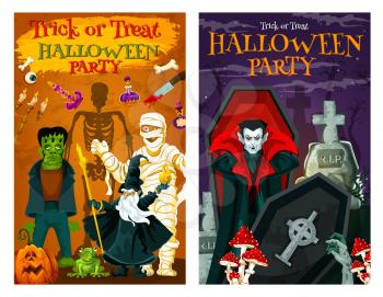 Halloween holiday trick or treat party poster with horror cemetery monsters. Spooky zombie, skeleton and vampire, pumpkin lantern, mummy and evil wizard, dracula and gravestone for invitation design
