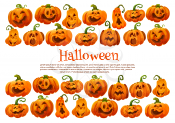 Halloween pumpkin festive banner with scary face and smile. Halloween orange vegetable lantern for autumn holiday greeting card or horror night party invitation design