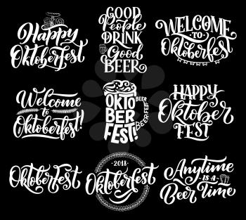 Oktoberfest beer festival lettering. Vector calligraphy for German October fest of beer glass or mug and pint, hop pattern and snacks pretzel bread or sausage in flags