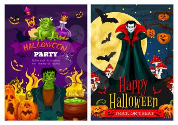 Happy Halloween greeting banner with zombie and vampire monster for october holiday night party invitation. Halloween pumpkin lantern, bat and spider, Dracula, zombie and witch potion festive poster