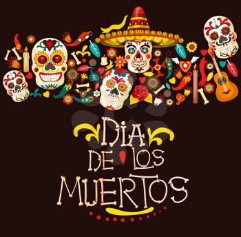 Dia de los Muertos greeting card for Mexican traditional holiday or Day of Dead celebration. Vector cartoon skeleton skulls in sombrero with Mexico ornaments, banjo guitar and candles