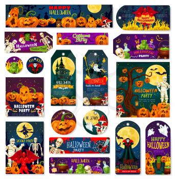 Halloween holiday night trick or treat celebration tag and greeting banner. October pumpkin lantern, ghost and skeleton, zombie, mummy and vampire, witch, bat and moon, devil demon and spooky house