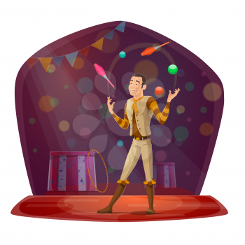 Juggler on circus arena throwing balls and skittles dressed in stage costume. Man showing tricks in front of audience, performance for entertainment or amusement, skillful performer vector isolated