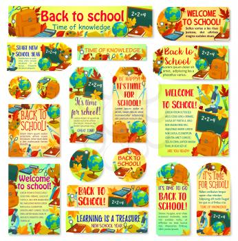 Back to School banner and poster or label tag design of school bag and lesson stationery and chalkboard. Vector science book or notebook and mathematics calculator, pen or pencil and autumn maple leaf