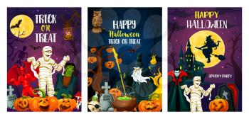 Halloween greeting cards for trick or treat party invitation posters. Vector cartoon design of pumpkin lantern, witch or skeleton with zombie monsters and spooky ghosts on cemetery