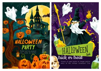 Halloween party and trick or treat night celebration greeting card. October holiday horror pumpkin, ghost and bat, skeleton skull, spooky house and zombie, evil wizard and witch potion poster design