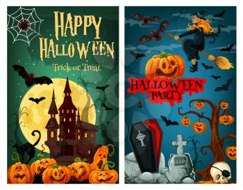 Halloween spooky ghost house and cemetery greeting banner. Horror castle and graveyard for night party invitation design with pumpkin lantern, witch and bat, spider net, skeleton skull and full moon