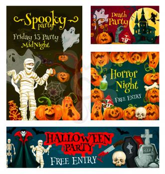 Halloween party posters for spooky trick or treat night invitation banners design. Vector 31 October Halloween celebration scary pumpkin lantern monster, vampire or zombie skull and witch on graveyard