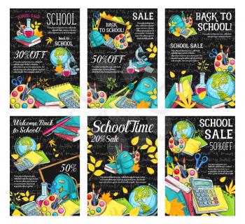 Welcome back to school sale banner set. School supplies special offer promotion poster with sketches of pencil, book and backpack, paint, globe and calculator on chalkboard, adorned with autumn leaves