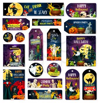 Halloween greeting cards, posters and banners for trick or treat party invitation. Vector cartoon design of pumpkin lantern, vampire or witch cat and skeleton zombie with spooky ghost monsters