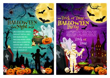 Halloween holiday horror party poster with spooky cemetery and monster. Scary ghost, bat and pumpkin lantern, haunted house, moon and mummy, spider net, gravestone and coffin for festive banner design