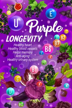 Vitamins B, C, D and minerals, healthy lifestyle and longevity color diet purple day poster. Fruits and vegetables, vitamins in bubbles, vector grocery veggies. Rising immunity concept
