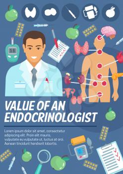 Endocrinology medical poster with human body. Marked internal organs and endocrine glands, pills and insulin injection, medical checkup form, glucose and blood pressure monitoring, doctor vector