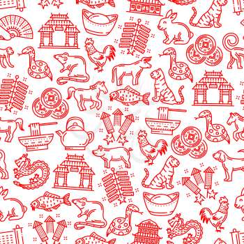 Chinese horoscope animals and culture icons seamless pattern. Vector oriental astrology symbols and noodles, rice and teapot, coins for luck and fireworks, pagoda and arches, dragon and fan