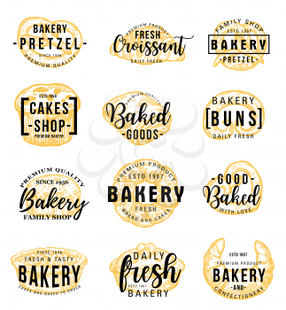 Bakery shop icons with lettering and signs. Vector pretzel and croissant, cake and bun, bread and bagel, cupcake. Confectionery and pastry food of flour, wheat dough and cereal