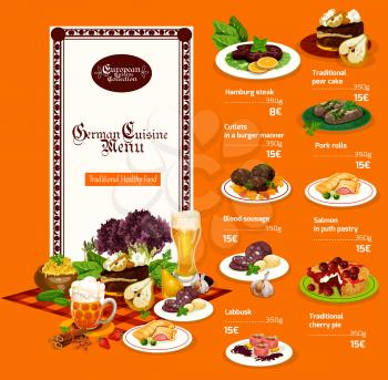 German cuisine menu, meat and vegetable dishes. Vector pear cake and Hamburg steak, cutlets in burger manner and pork rolls, blood sausage and salmon in puth pastry, labbusk and cherry pie