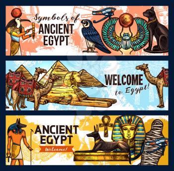 Welcome to ancient Egypt vector banners. Pharaohs statues and mummy, Ra god and sphinx, Great pyramids and camel, black cat and hawk, luxor treasure symbol and dog on tomb