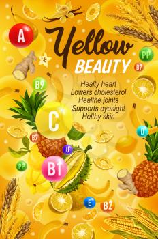 Vitamins A, B, C and minerals, healthy lifestyle and beauty poster of color diet yellow day. Vector fruits and vegetables, ginger, wheat and pineapple, grocery veggies for rising immunity