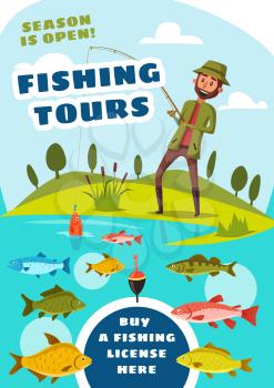 Fishing sport poster with tours for fishermen. Fisher near lake catching fish with rod and bait, salmon and trout, herring and perch, catfish and crucian in water. Outdoor activity on nature vector
