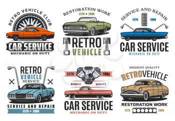 Car service and tuning or restoration work vector retro icons, repairing garage. Vehicle, transport and spare parts, spanners and wrenches. Wheel change and fix, mechanic on duty