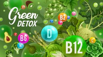 Color diet detox banner with vitamin B or D and minerals, vector. Green day supplement complex of vegetables and fruits. Cabbage and grape, kiwi and broccoli, avocado and lettuce, healthy nutrition