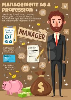 Manager, office clerk or businessman with briefcase. Vector contract and pen, finance report and salary banknotes, coins in money bag and pig, credit card. Economics or financial sphere occupation