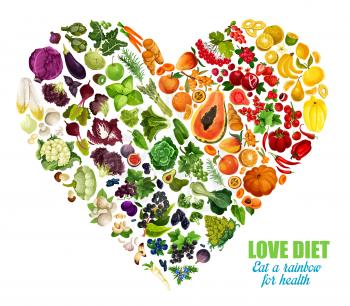 Color detox diet of vegetables and fruits, vector heart shape. Motto eat rainbow for health. Benefits of eating groceries, healthy organic food products. Nutrition dieting consumption