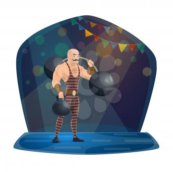 Chapiteau circus, athlete with dumbell and barbell. Vector man, strong muscles, stage performance, trick and strength. Fit character with mustache on big top arena in spotlight, garland and glimmer