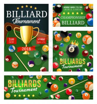 Pool billiards tournament poster, color balls and gold trophy cup, cue and holes in green table. Vector billiards championship tournament. Sport or game of accuracy with stakes and gambling