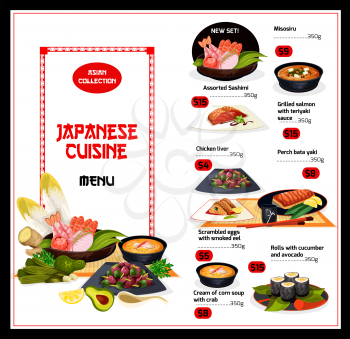 Japanese cuisine menu with fish and veggies. Vector misosiru and sashimi, salmon and chicken liver, perch bata yaki and scrambled eggs with eel, rolls with cucumber and avocado, cream soup with crab