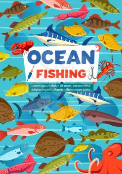 Fishing sport vector poster with fish from ocean and octopus. Carp and tuna, mackerel and pike, salmon and herring, trout and marlin. Oceanic octopus and crayfish or lobster, squid and crucian