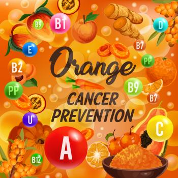 Orange color detox diet vitamins A, B or C poster with healthy food. Dieting supplement complex of vegetables and fruits for cancer prevention. Ginger and peach, carrot papaya, pumpkin apricot vector