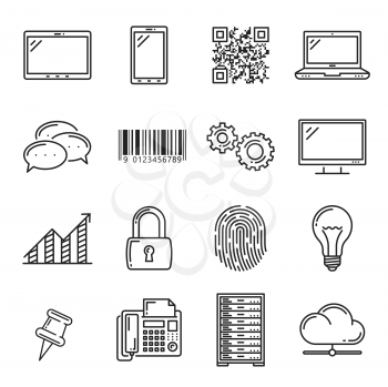 Gadgets and apps outline vector icons. Tablet and smartphone, barcode and laptop, chat bubbles and settings symbol. TV set and graphic, lock and finger print, light bulb and pin, fax