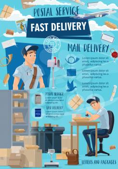 Post mail delivery, postage logistics. Vector postman or mailman working with letter envelopes and parcels. Postal warehouse with boxes and cargo shipping service, open mailbox and bag