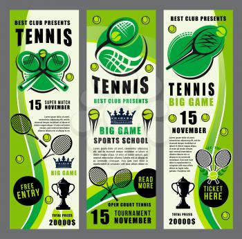 Tennis sport club and tournament vector banners with ball and racket. Trophy cup and crown silhouettes, net for game and laurel branches. Championship announcement or sporting competition