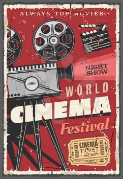 Cinema or movie festival retro poster. Vintage video camera with film reels and golden tickets, clapperboard or clapper, night show. Entertainment with motion picture on big screen, old camcorder